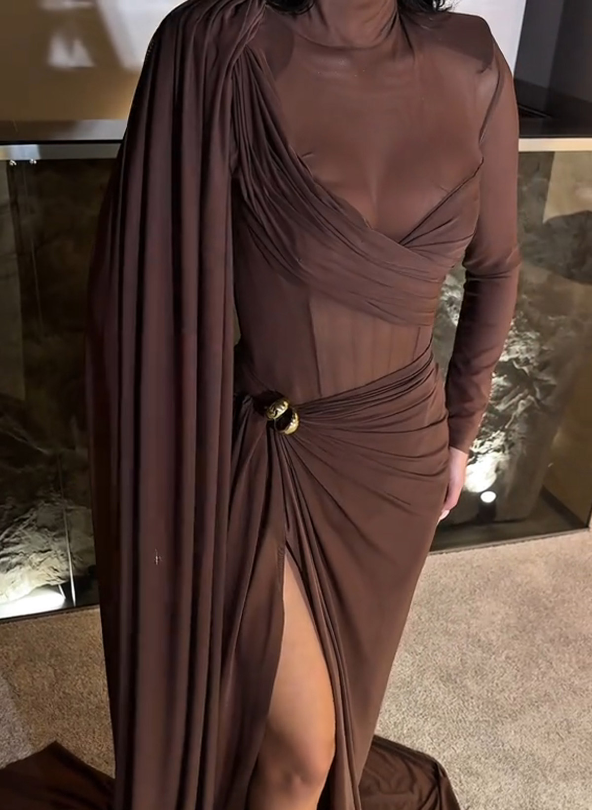High Neck Illusion Corset Long Sleeves/Cape Sleeves Sweep Train Evening Dresses With High Split