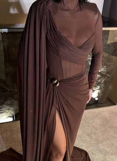 High Neck Illusion Corset Long Sleeves/Cape Sleeves Sweep Train Evening Dresses With High Split