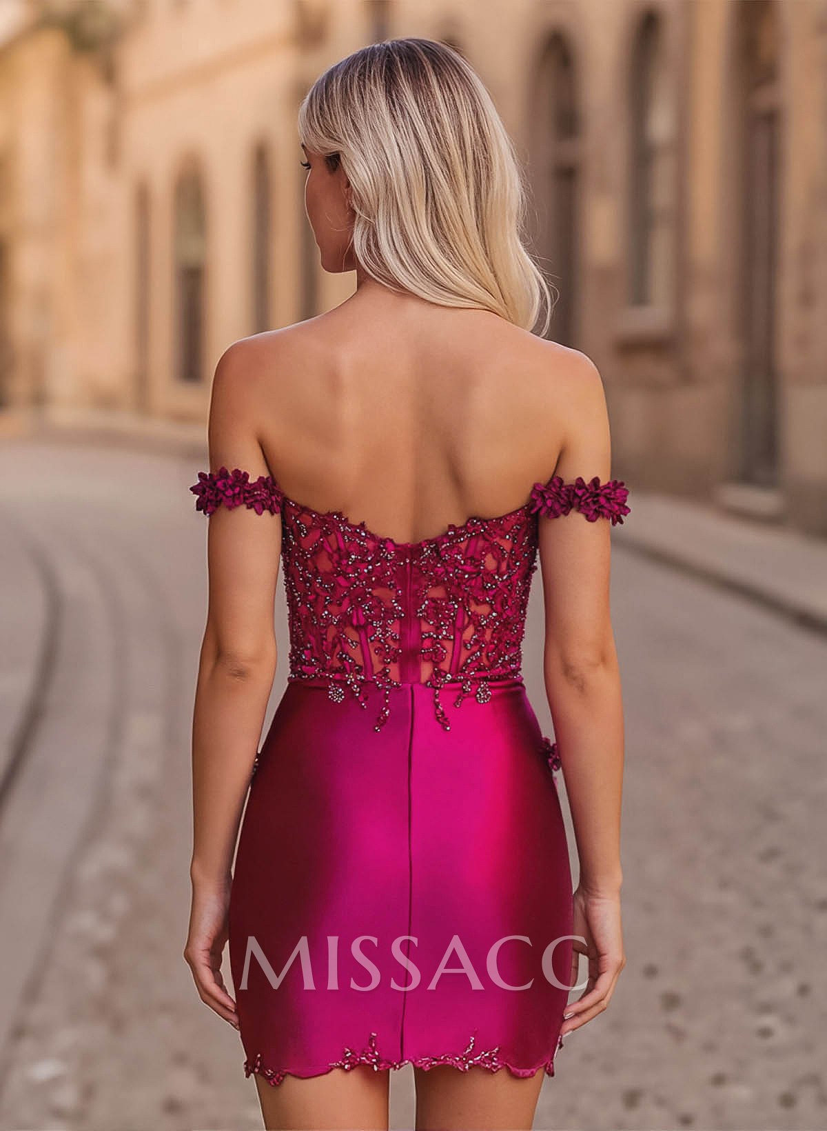 Elegant Lace Flower(s) Off-The-Shoulder Split Front Short/Mini Stretch Satin Knit Homecoming Dresses