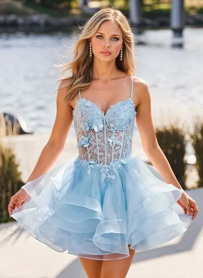 light blue homecoming dresses 2025 Light Blue Starry Homecoming Dresses Spaghetti Strap SD1362 – Viniodress main image 0