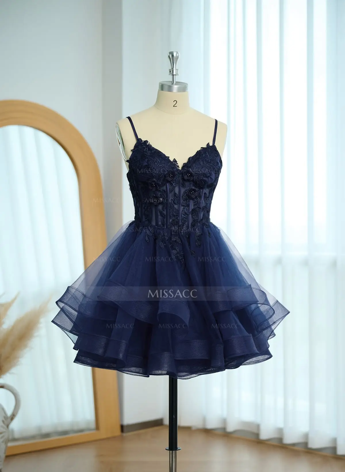 Missacc Navy Blue Homecoming Dresses Lace Sweetheart Flower(s) Illusion Corset Ruffle Tulle A-Line Short/Mini Homecoming Dresses