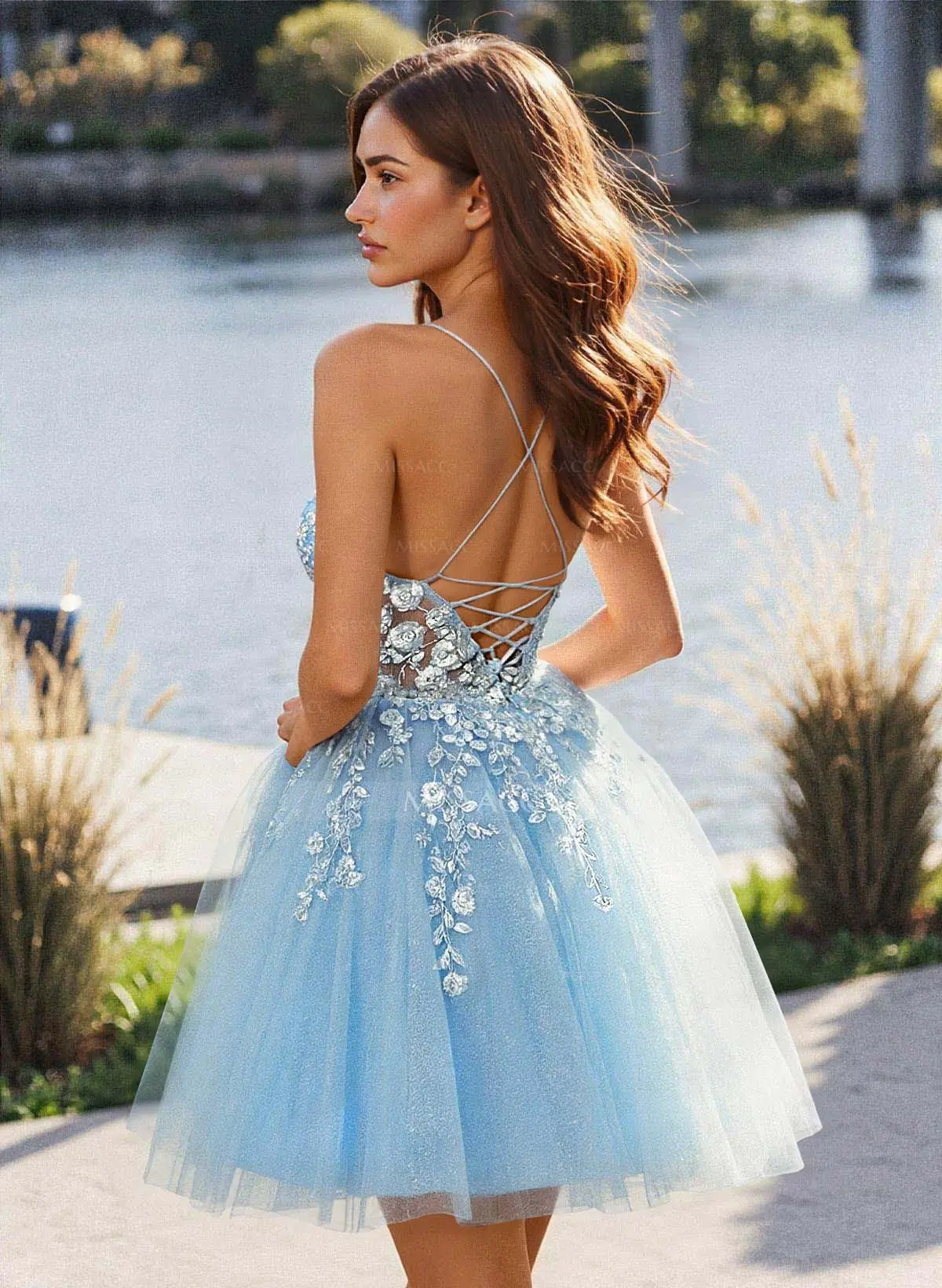 slim fit dress slacks Light Blue Applique Short Prom Dress, Blue Homecoming Dress US 4 / Blue main image 0