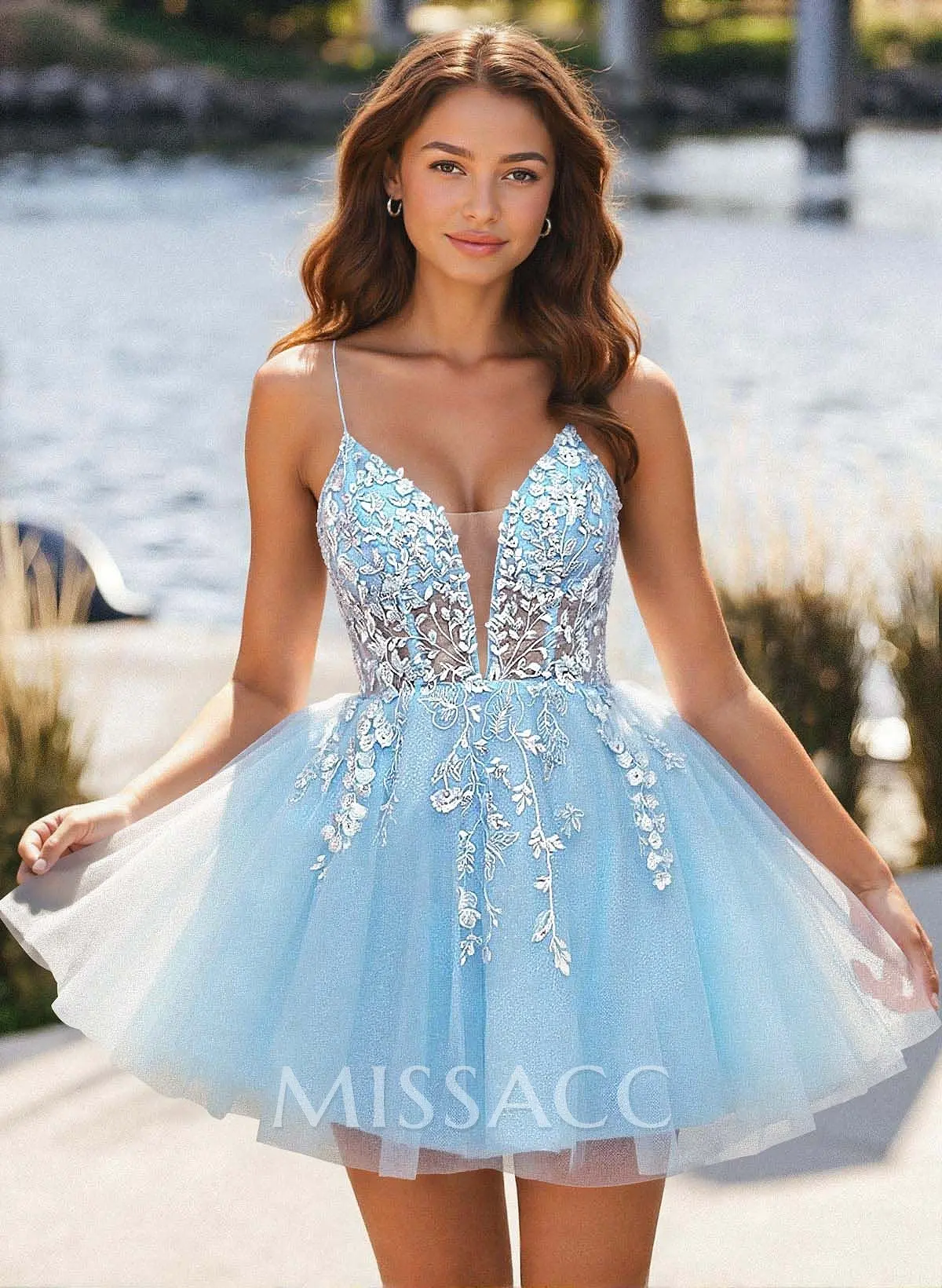 Flower(s) Lace Sweetheart Criss Cross Back A-Line Short/Mini Tulle Homecoming Dresses - Missacc Flower(s) Lace Sweetheart Criss Cross Back A-Line Short/Mini Tulle Homecoming Dresses - Missacc