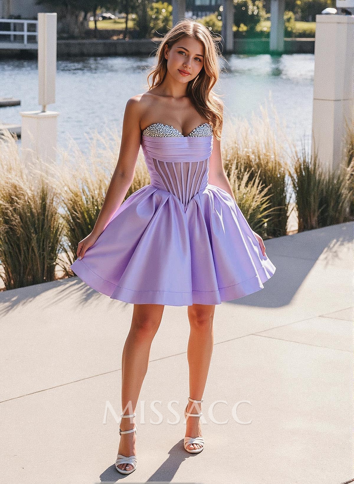 Illusion Corset Sweetheart A-Line Short/Mini Satin Homecoming Dresses With Beading/Sequins