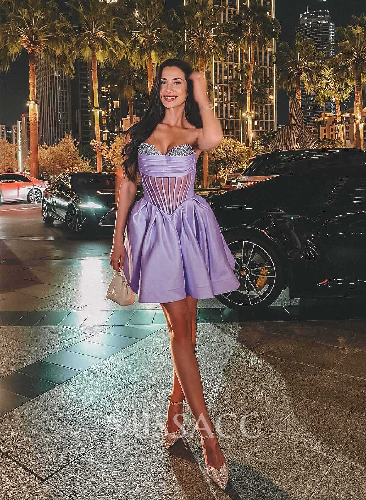 Illusion Corset Sweetheart A-Line Short/Mini Satin Homecoming Dresses With Beading/Sequins