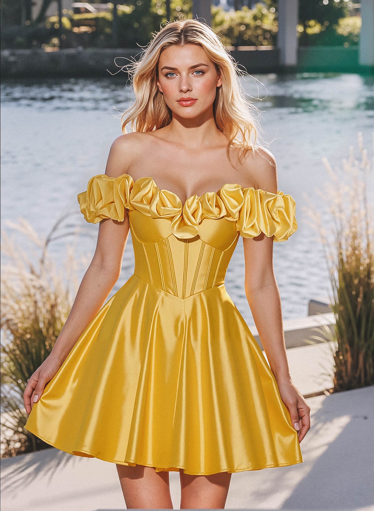 Elegant Ruffle Off-The-Shoulder A-Line Short/Mini Stretch Satin Knit Homecoming Dresses