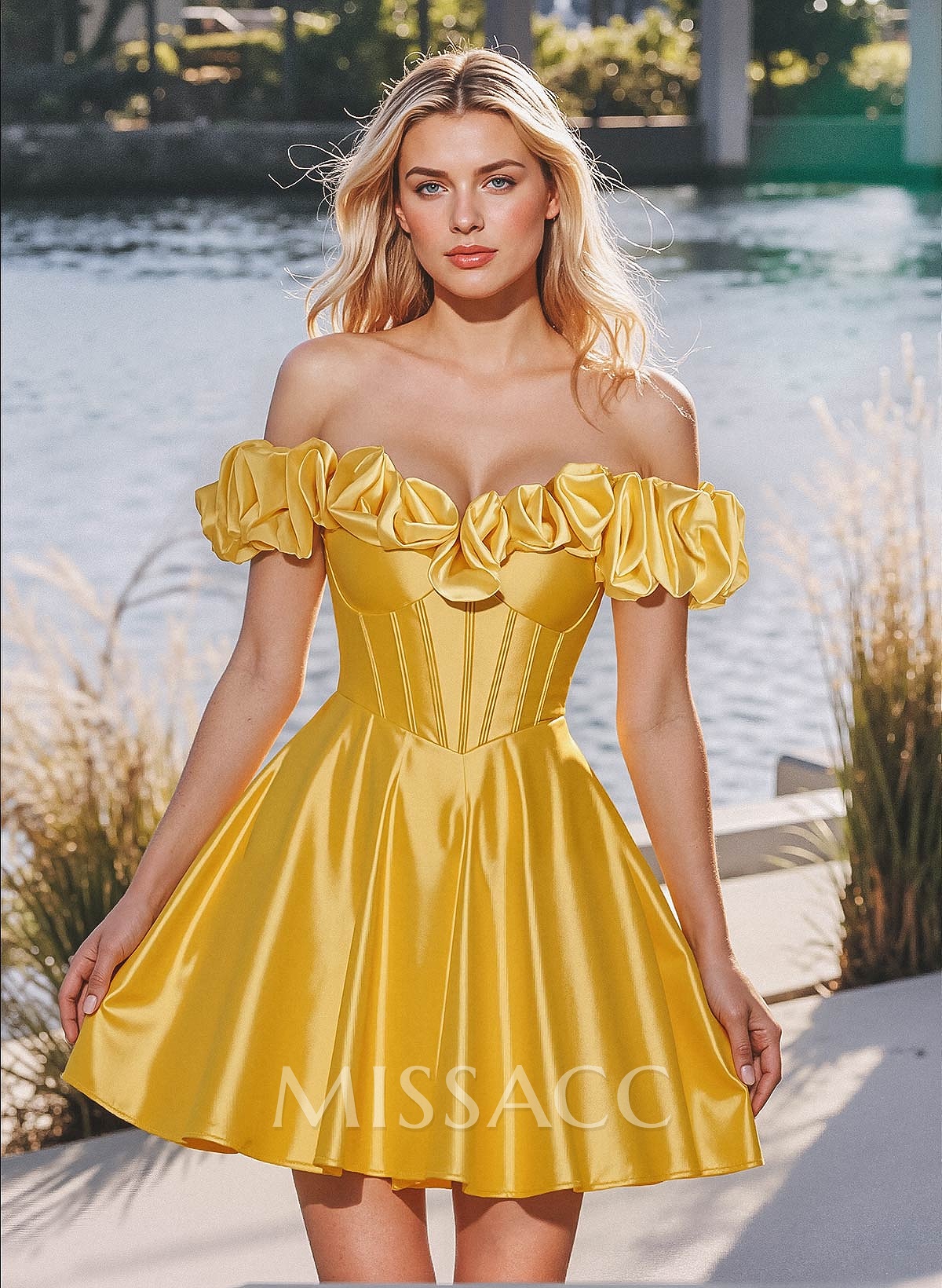 Elegant Ruffle Off-The-Shoulder A-Line Short/Mini Stretch Satin Knit Homecoming Dresses