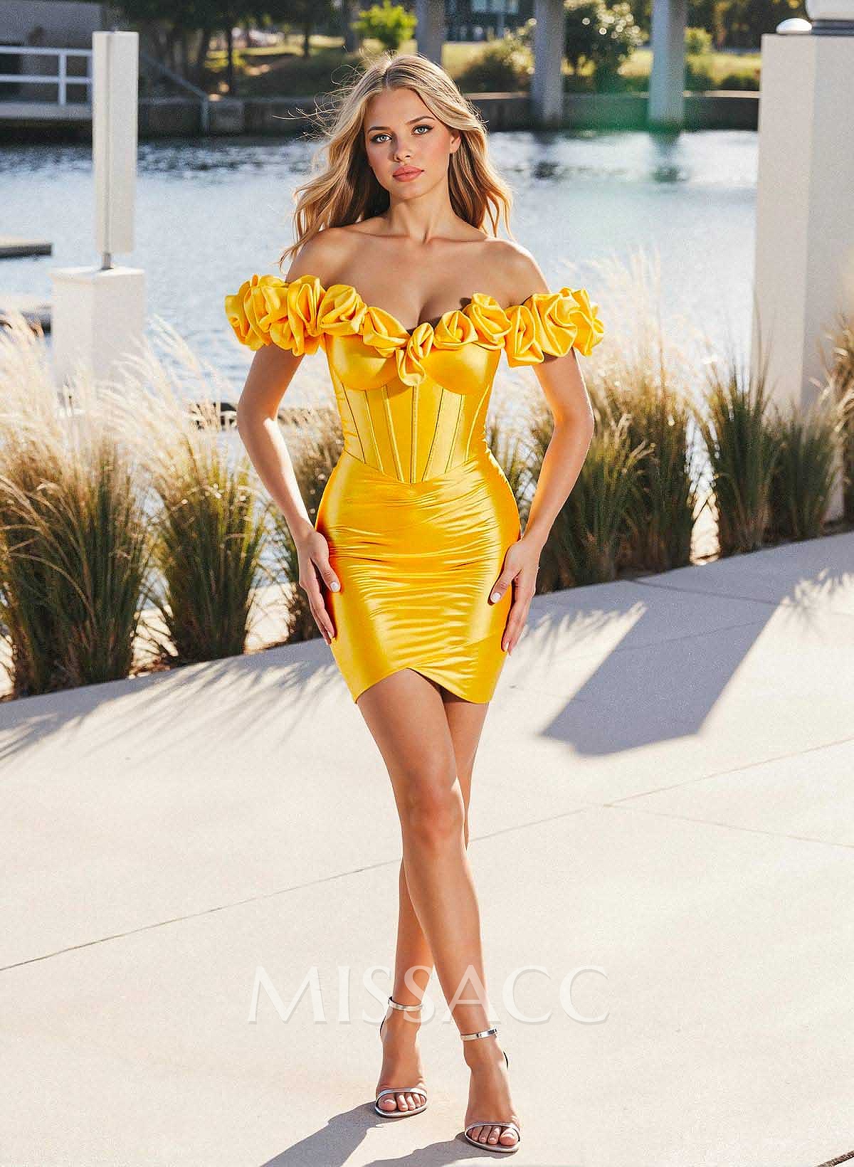 Elegant Ruffle Off-The-Shoulder Short/Mini Stretch Satin Knit Homecoming Dresses