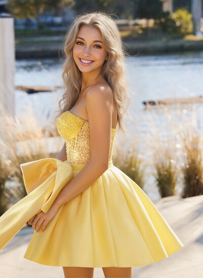 A-Line Sweetheart Sleeveless Satin Homecoming Dresses With Bow(s)/Beading