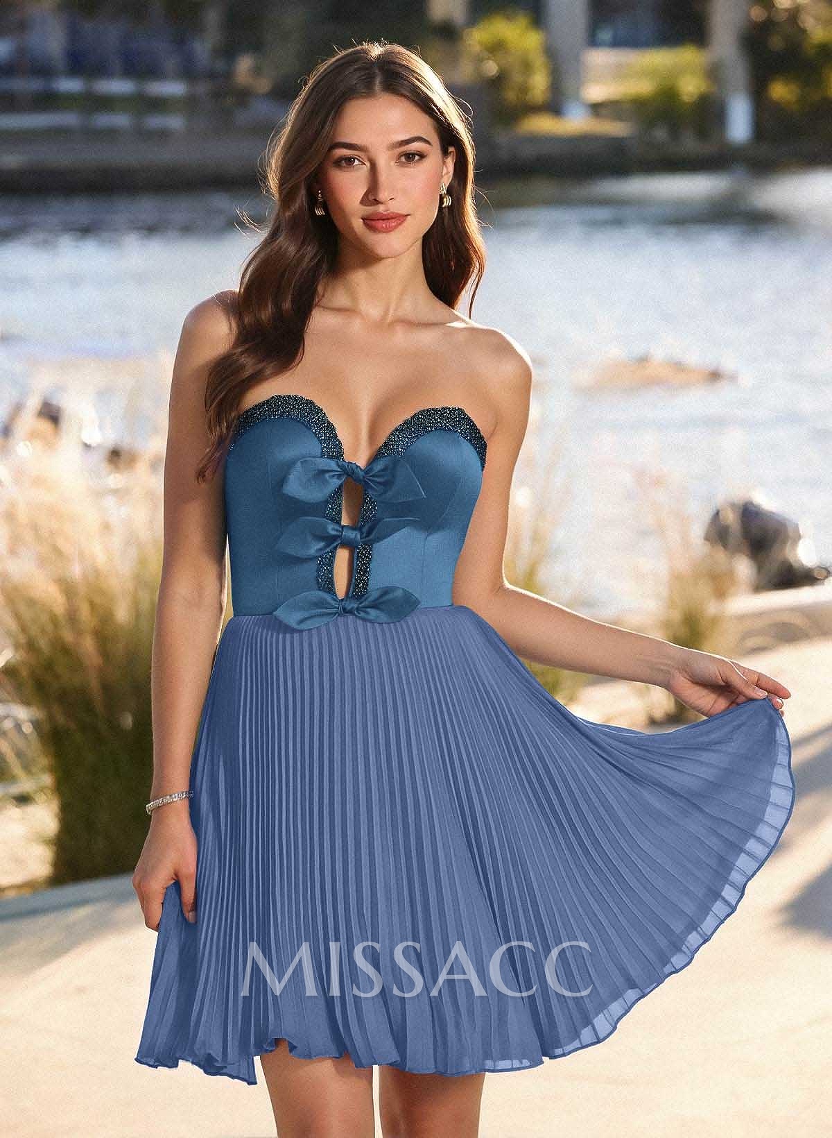 A-Line Off-The-Shoulder Short/Mini Satin/Chiffon Homecoming Dresses With Bow(s)/Beading