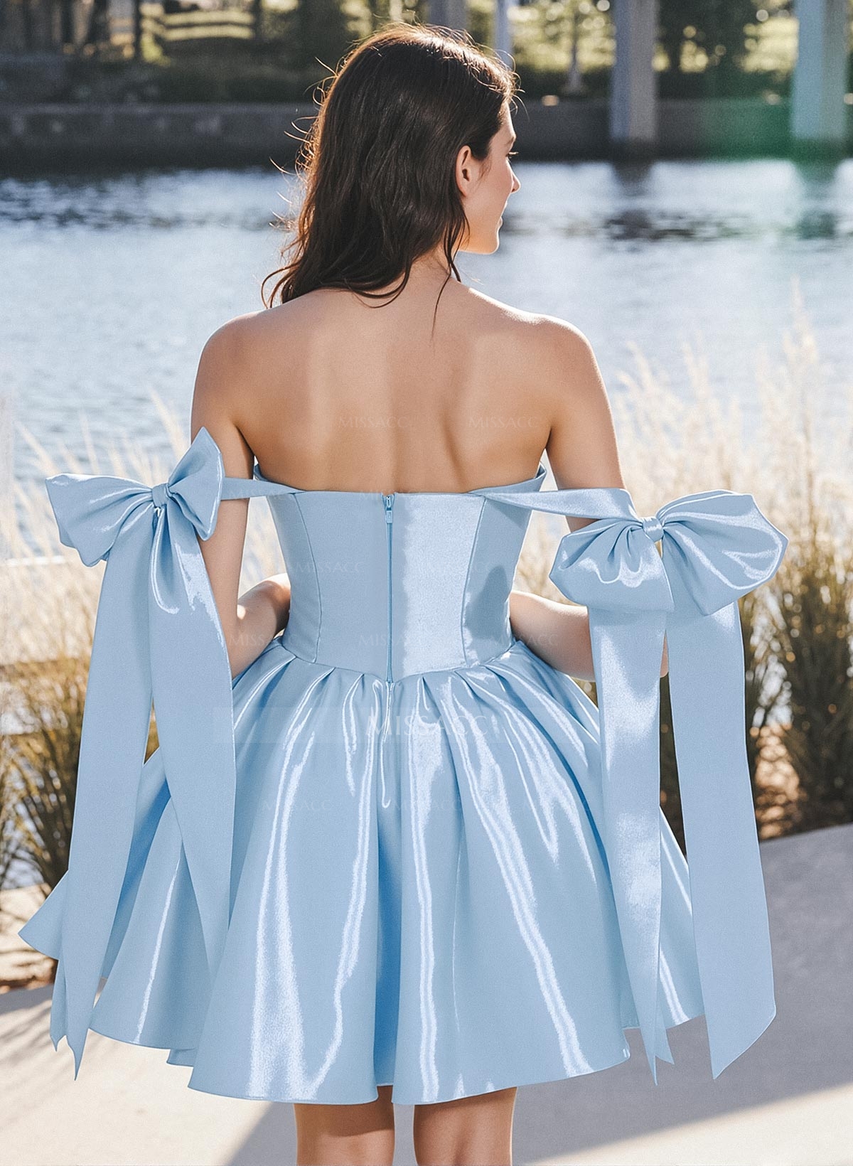A-Line Off-The-Shoulder Short/Mini Liquid Satin Homecoming Dresses With Bow(s)