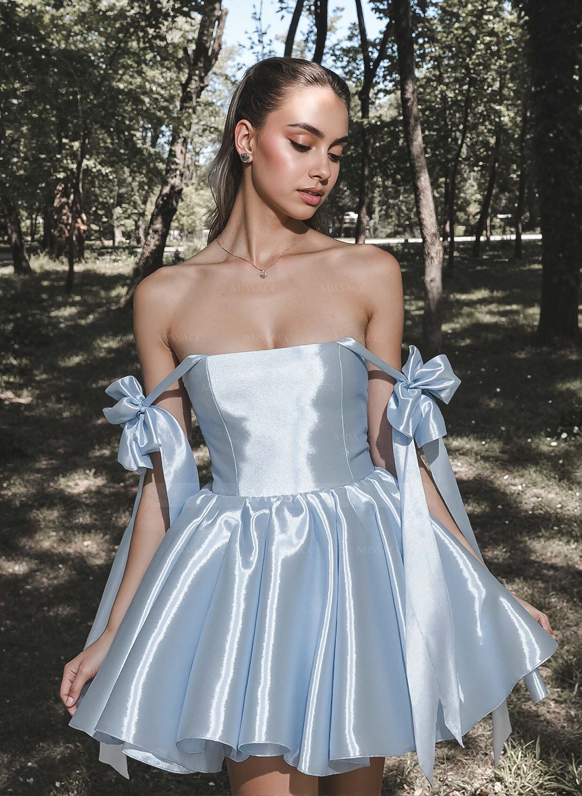 A-Line Off-The-Shoulder Short/Mini Liquid Satin Homecoming Dresses With Bow(s)