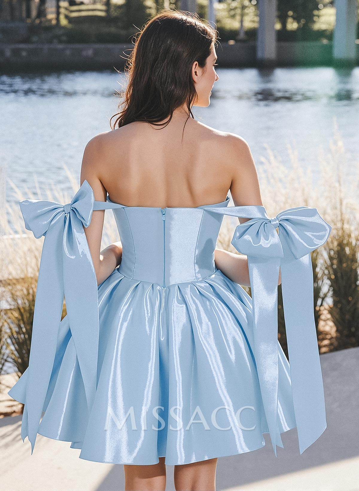 A-Line Off-The-Shoulder Short/Mini Liquid Satin Homecoming Dresses With Bow(s)