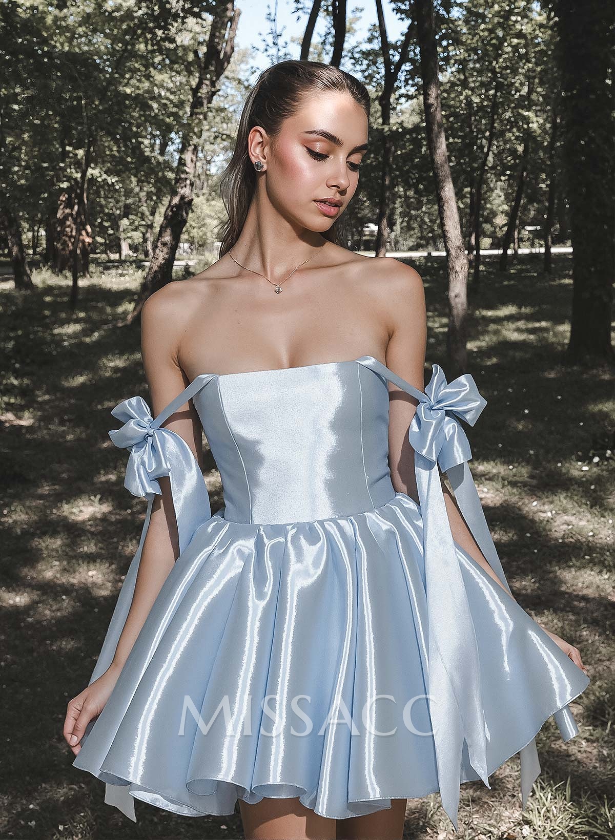 A-Line Off-The-Shoulder Short/Mini Liquid Satin Homecoming Dresses With Bow(s)
