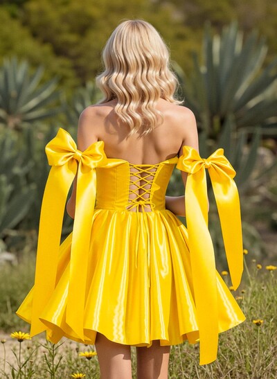 A-Line Off-The-Shoulder Short/Mini Liquid Satin Homecoming Dresses With Bow(s)