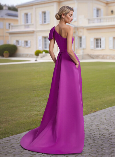Unique Bow Accented One-Shoulder Ruched Wasit Satin Mother Of The Bride Dresses