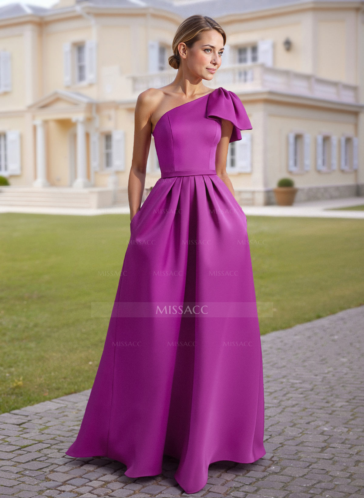 Unique Bow Accented One-Shoulder Ruched Wasit Satin Mother Of The Bride Dresses