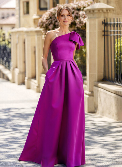 Unique Bow Accented One-Shoulder Ruched Wasit Satin Mother Of The Bride Dresses