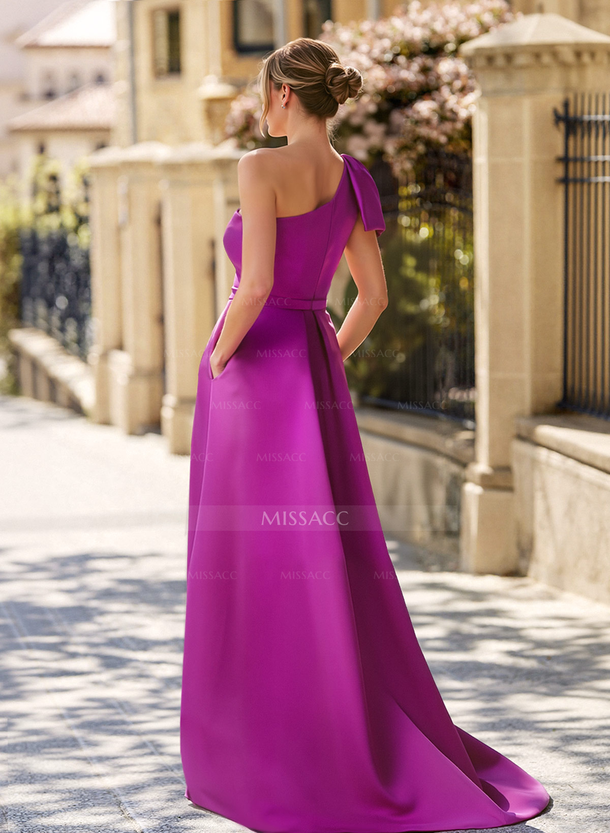 Unique Bow Accented One-Shoulder Ruched Wasit Satin Mother Of The Bride Dresses