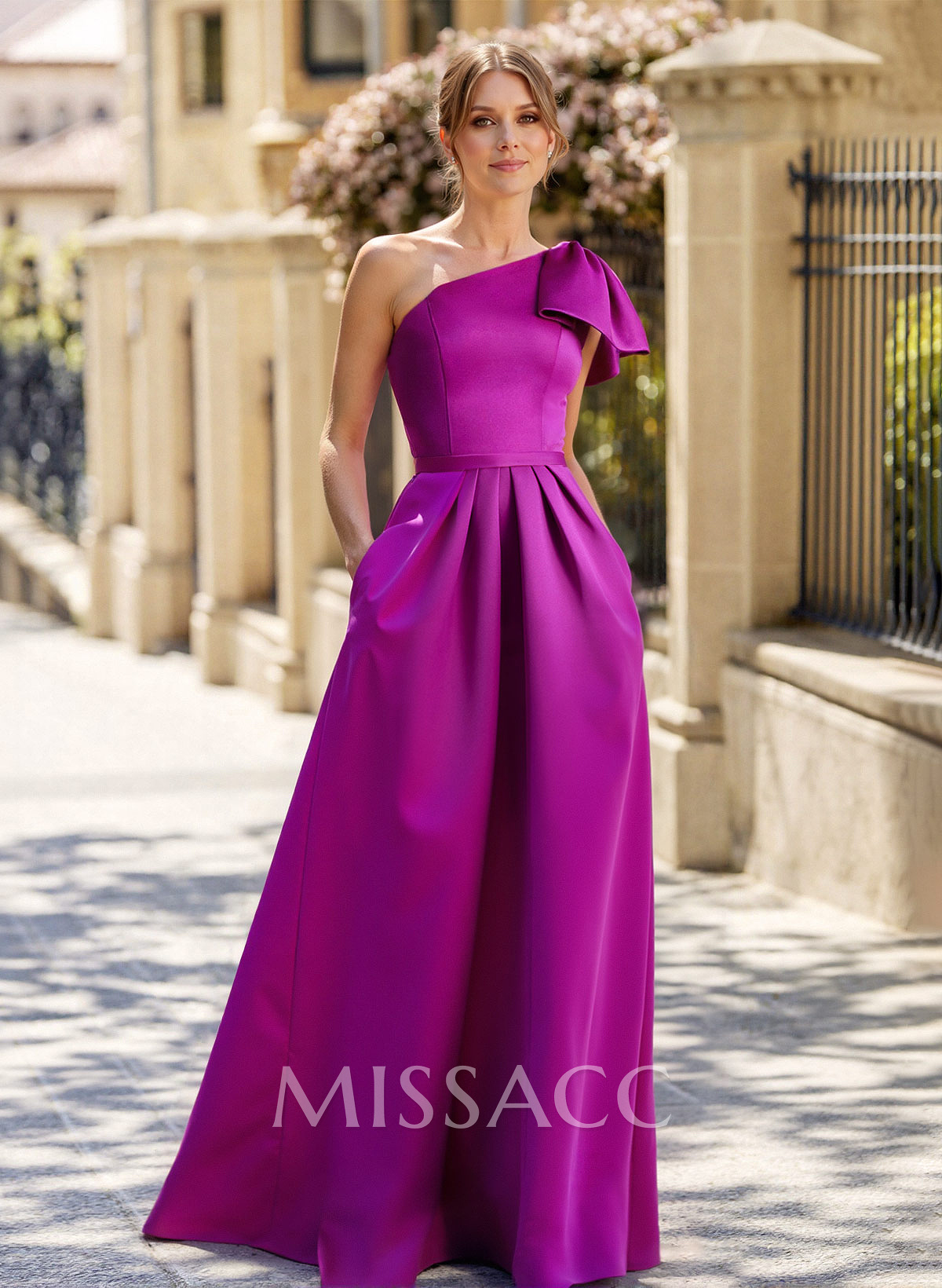 Unique Bow Accented One-Shoulder Ruched Wasit Satin Mother Of The Bride Dresses