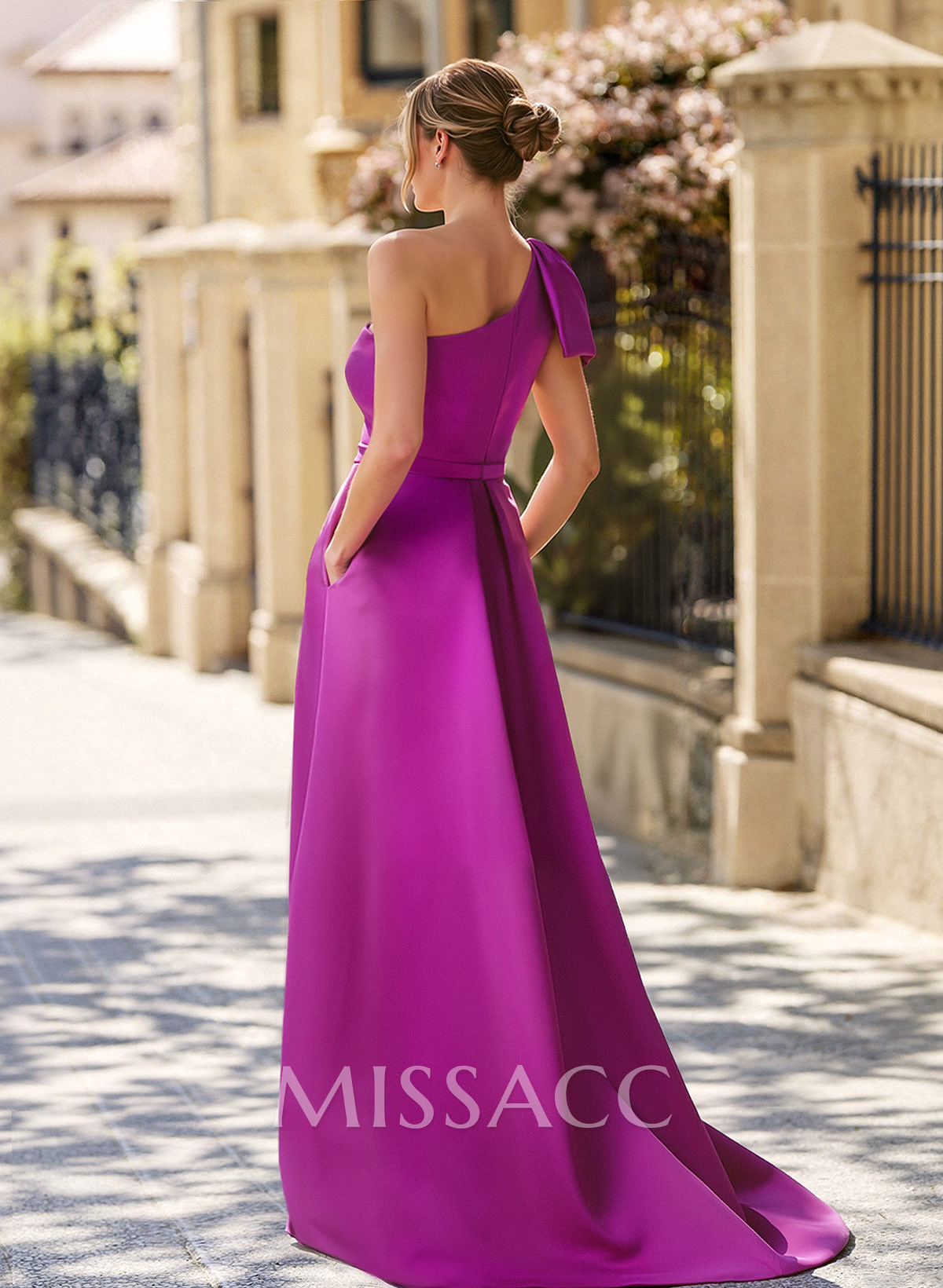 Unique Bow Accented One-Shoulder Ruched Wasit Satin Mother Of The Bride Dresses