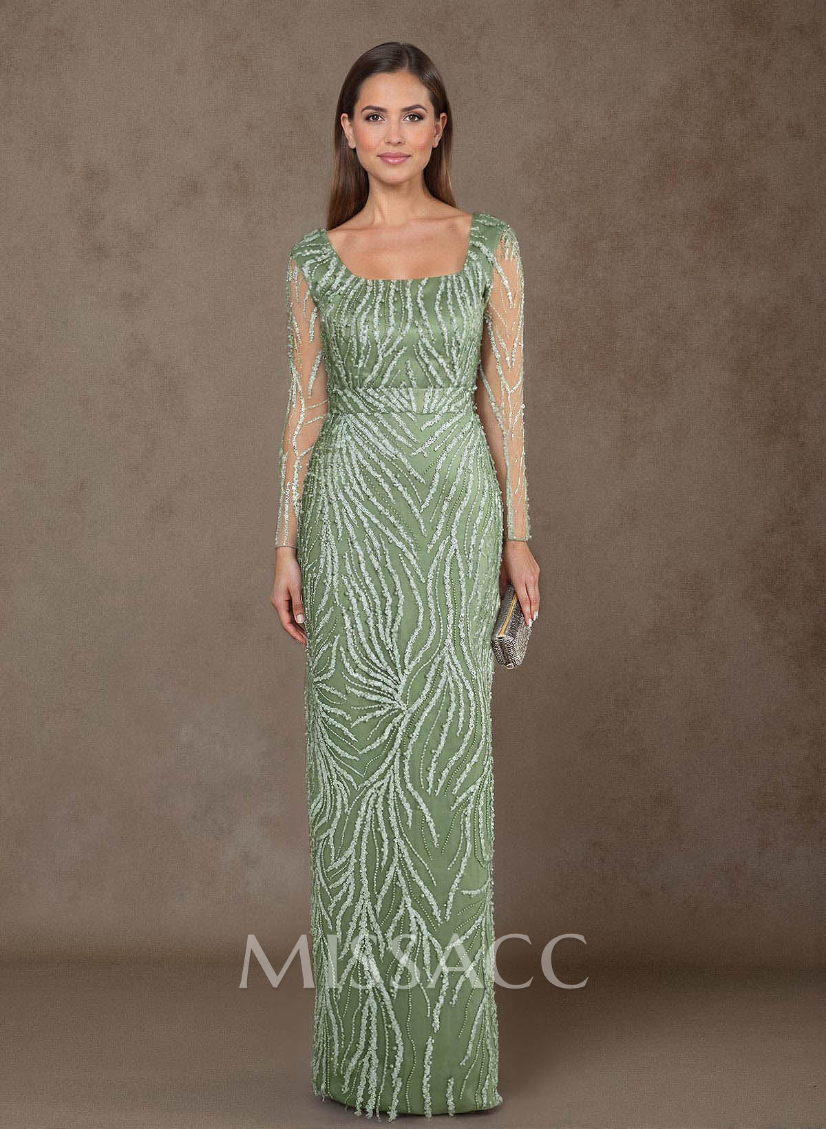 Luxury Square Neckline Long Sleeves Back Slit Floor-Length Mother Of The Bride Dresses