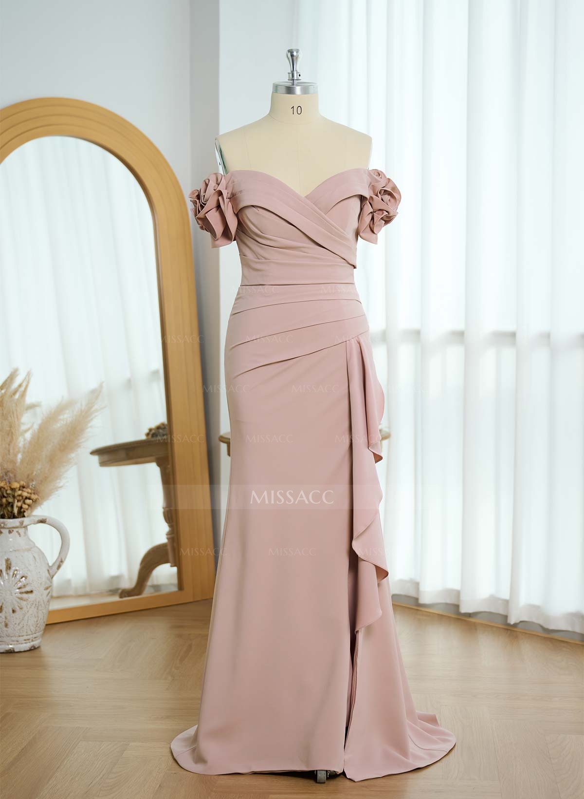 Trumpet/Mermaid Off-The-Shoulder Sweep Train Elastic Satin Mother Of The Bride Dresses With Flower(s)/High Split