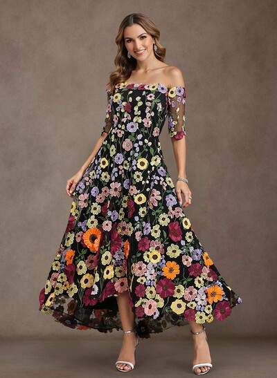 A-Line Off-The-Shoulder 1/2 Sleeves Asymmetrical Lace/Tulle Mother Of The Bride Dresses With Flower(s)