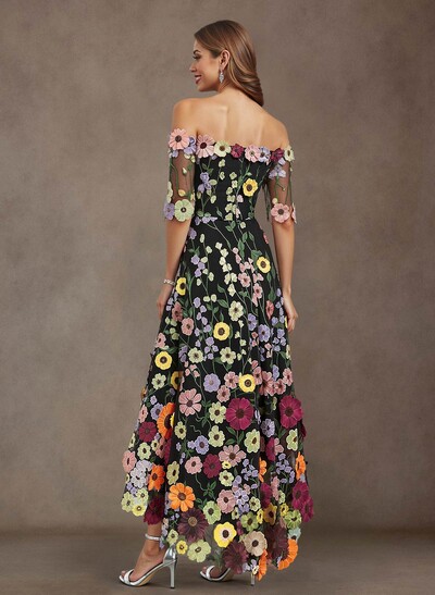 A-Line Off-The-Shoulder 1/2 Sleeves Asymmetrical Lace/Tulle Mother Of The Bride Dresses With Flower(s)