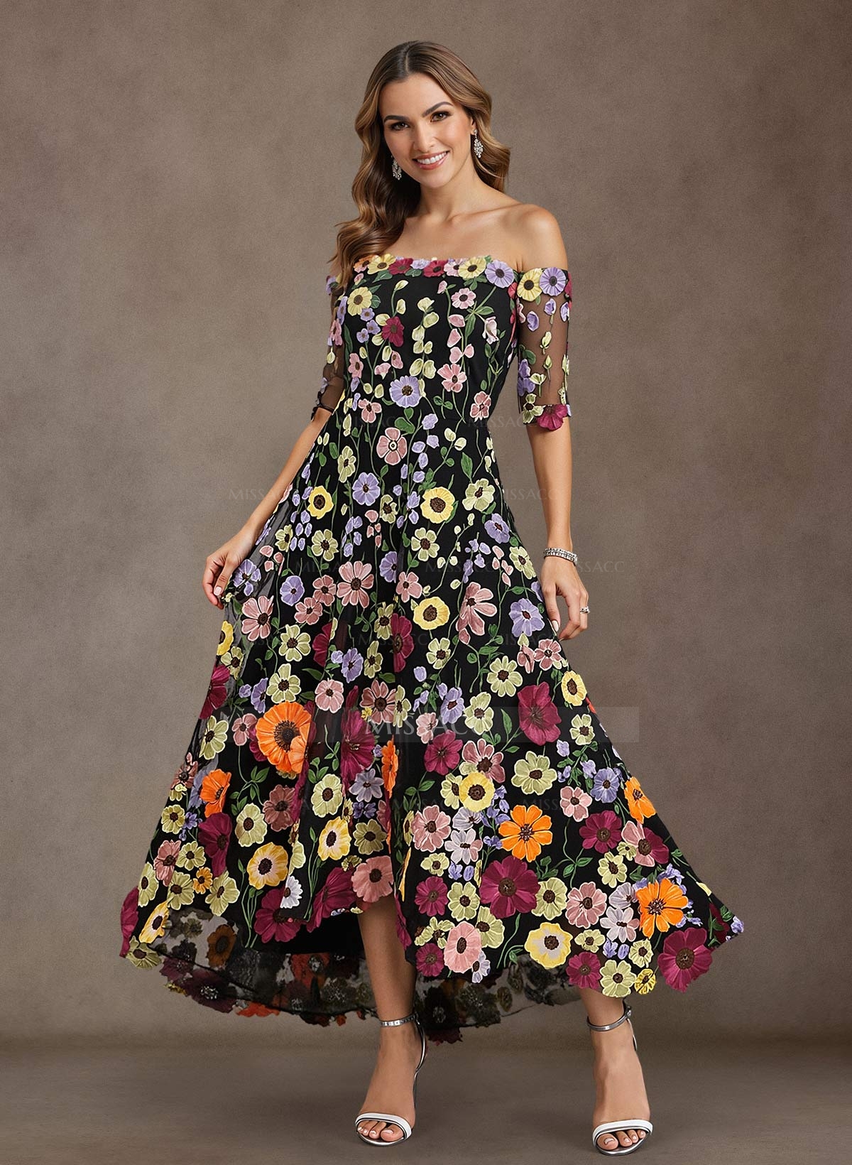 A-Line Off-The-Shoulder 1/2 Sleeves Asymmetrical Lace/Tulle Mother Of The Bride Dresses With Flower(s)