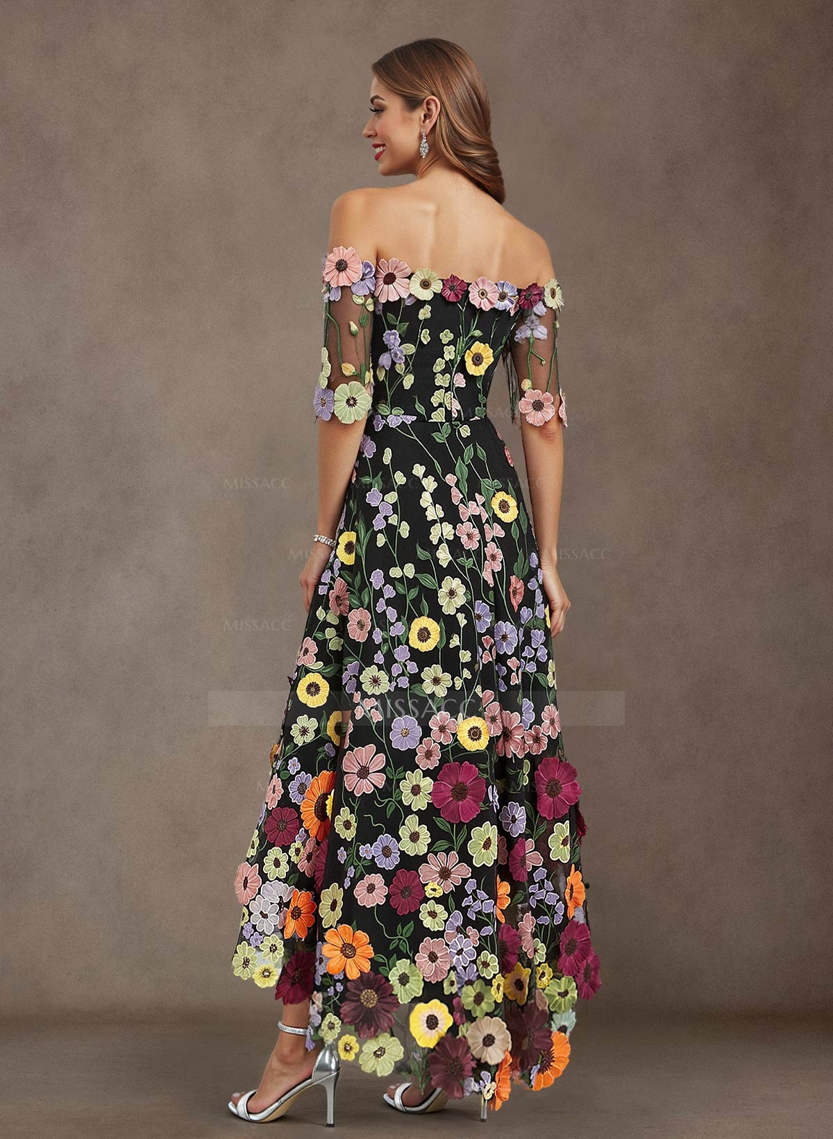 A-Line Off-The-Shoulder 1/2 Sleeves Asymmetrical Lace/Tulle Mother Of The Bride Dresses With Flower(s)