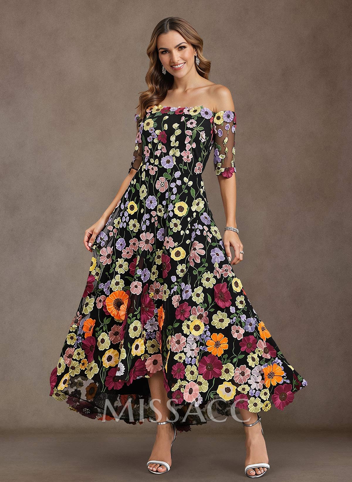 A-Line Off-The-Shoulder 1/2 Sleeves Asymmetrical Lace/Tulle Mother Of The Bride Dresses With Flower(s)