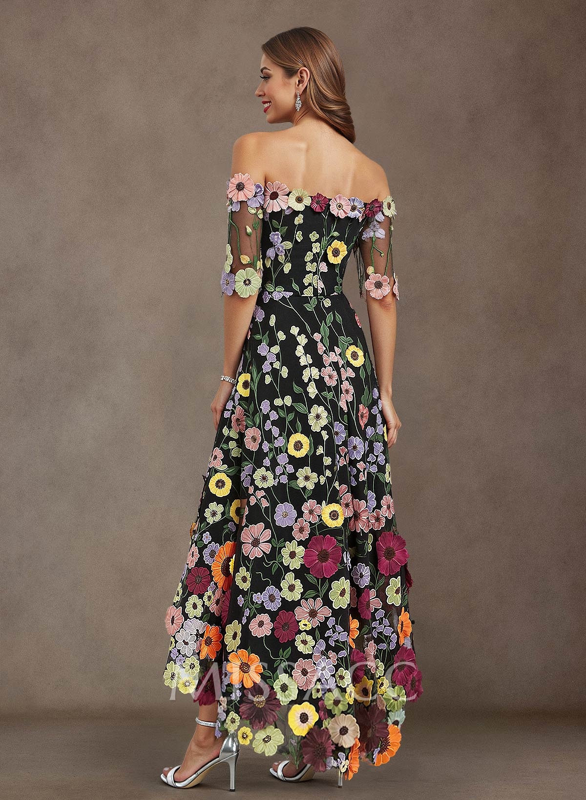 A-Line Off-The-Shoulder 1/2 Sleeves Asymmetrical Lace/Tulle Mother Of The Bride Dresses With Flower(s)