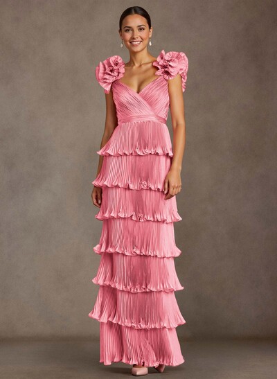 Luxury V-Neck Cape Sleeves Floor-Length Silk Like Satin Mother Of The Bride Dresses With Cascading Ruffles/Flower(s)