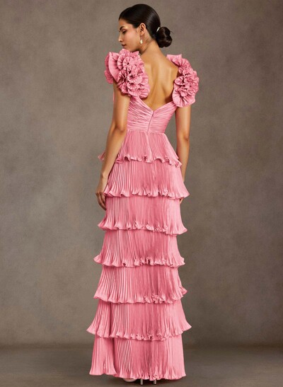 Luxury V-Neck Cape Sleeves Floor-Length Silk Like Satin Mother Of The Bride Dresses With Cascading Ruffles/Flower(s)