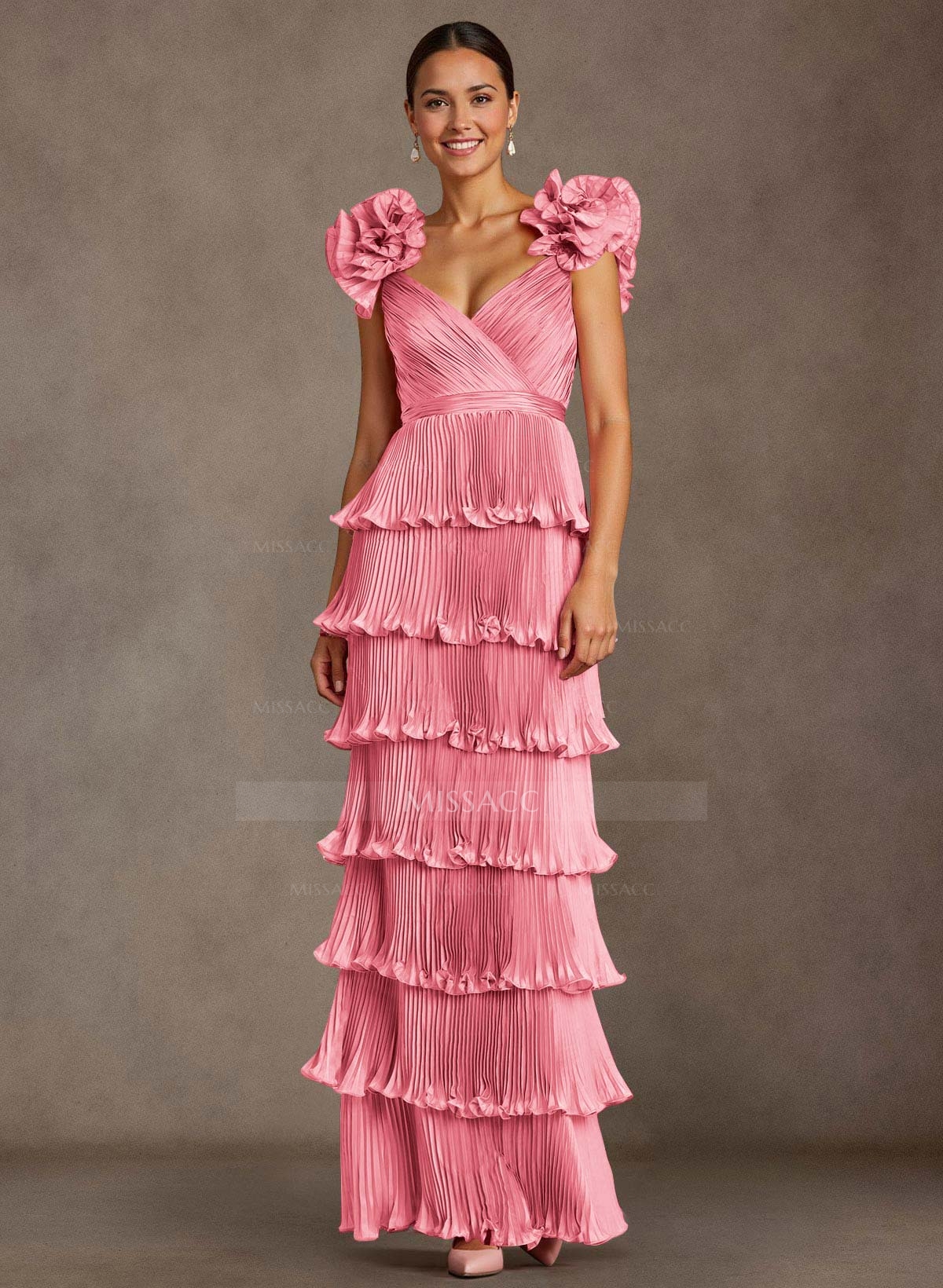 Luxury V-Neck Cape Sleeves Floor-Length Silk Like Satin Mother Of The Bride Dresses With Cascading Ruffles/Flower(s)