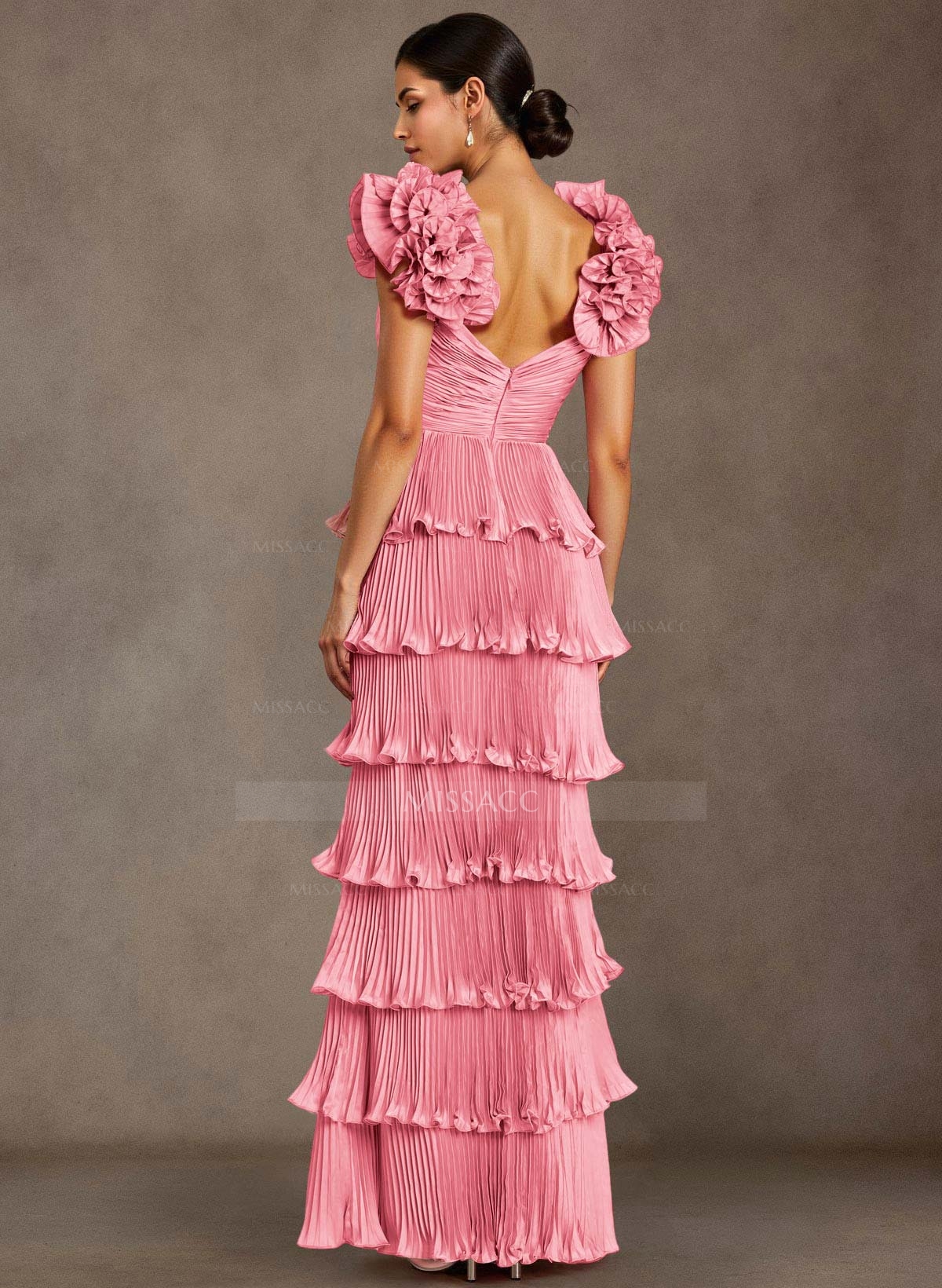 Luxury V-Neck Cape Sleeves Floor-Length Silk Like Satin Mother Of The Bride Dresses With Cascading Ruffles/Flower(s)