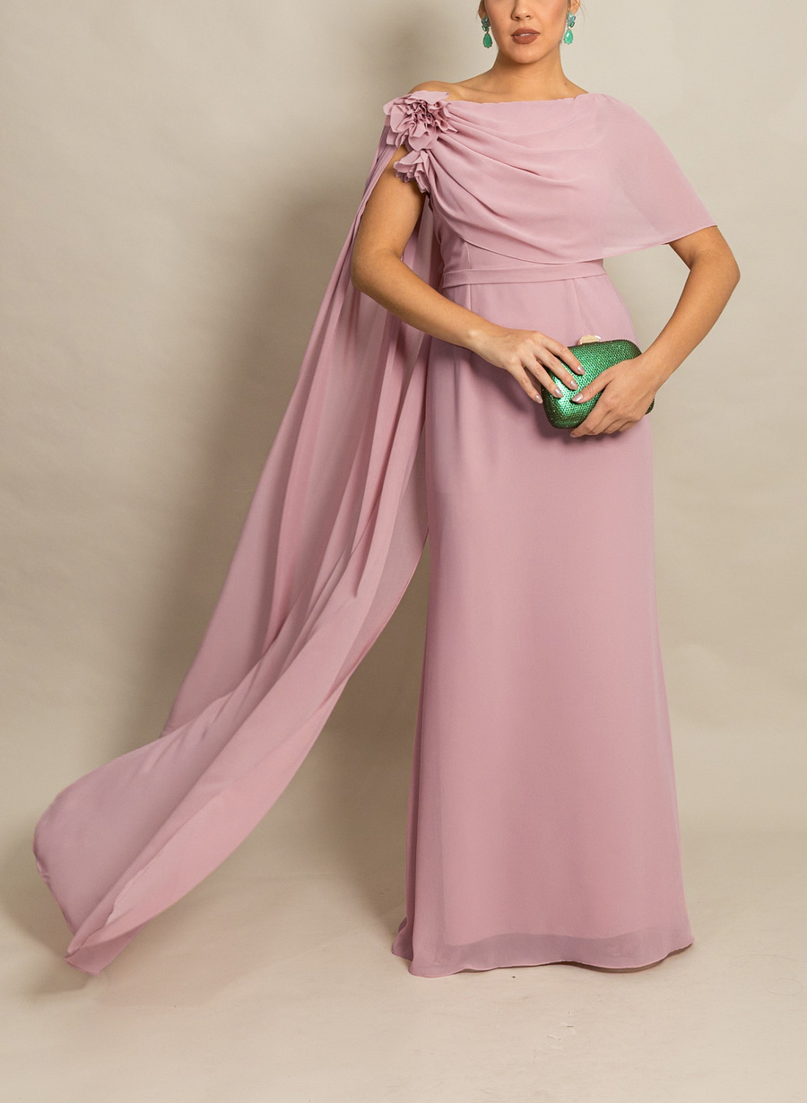 Elegant Flower(s) Scoop Neck Cape Sleeves Floor-Length Chiffon Mother Of The Bride Dresses