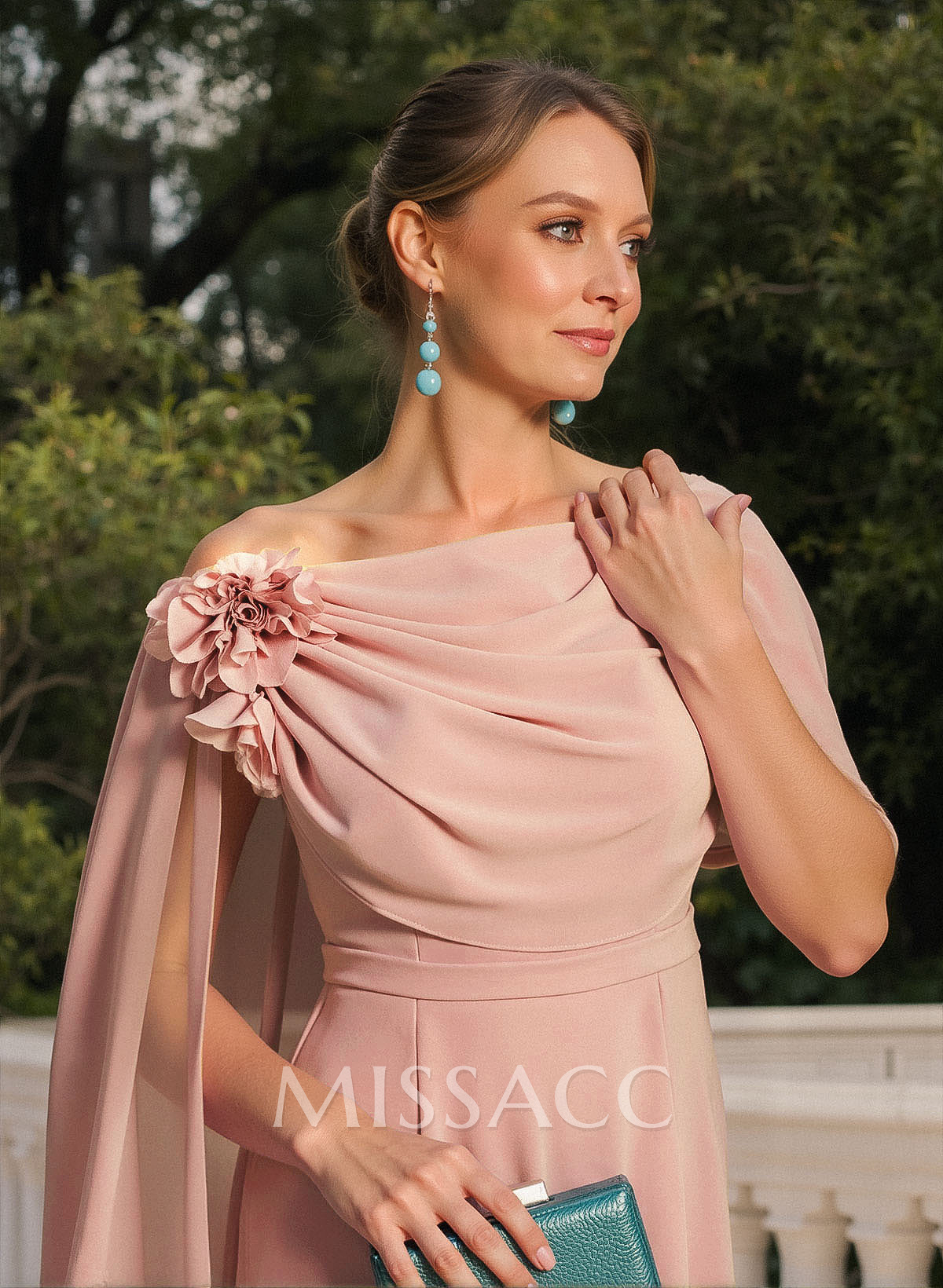 Elegant Flower(s) Scoop Neck Cape Sleeves Floor-Length Chiffon Mother Of The Bride Dresses
