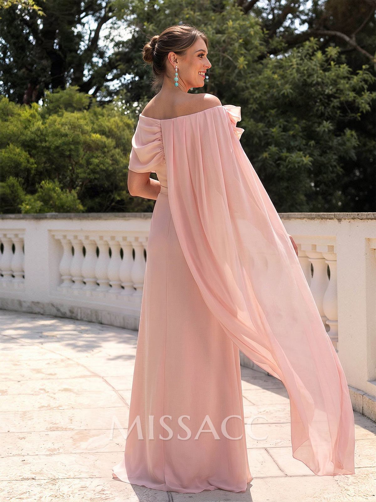 Elegant Flower(s) Scoop Neck Cape Sleeves Floor-Length Chiffon Mother Of The Bride Dresses Elegant Flower(s) Scoop Neck Cape Sleeves Floor-Length Chiffon Mother Of The Bride Dresses