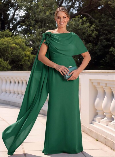Elegant Flower(s) Scoop Neck Cape Sleeves Floor-Length Chiffon Mother Of The Bride Dresses