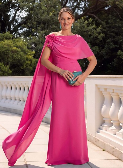 Elegant Flower(s) Scoop Neck Cape Sleeves Floor-Length Chiffon Mother Of The Bride Dresses