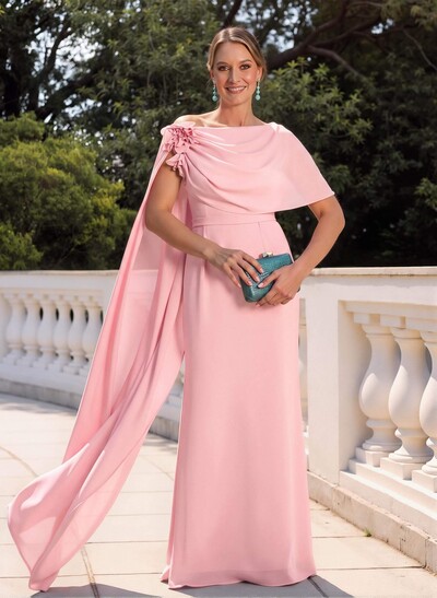 Elegant Flower(s) Scoop Neck Cape Sleeves Floor-Length Chiffon Mother Of The Bride Dresses