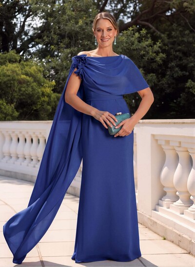 Elegant Flower(s) Scoop Neck Cape Sleeves Floor-Length Chiffon Mother Of The Bride Dresses