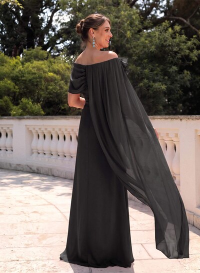 Elegant Flower(s) Scoop Neck Cape Sleeves Floor-Length Chiffon Mother Of The Bride Dresses