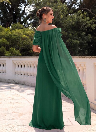 Elegant Flower(s) Scoop Neck Cape Sleeves Floor-Length Chiffon Mother Of The Bride Dresses