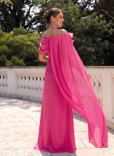 Elegant Flower(s) Scoop Neck Cape Sleeves Floor-Length Chiffon Mother Of The Bride Dresses