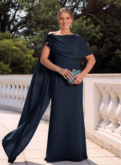 Elegant Flower(s) Scoop Neck Cape Sleeves Floor-Length Chiffon Mother Of The Bride Dresses
