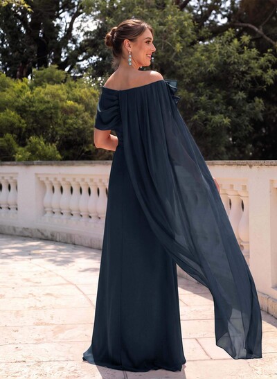 Elegant Flower(s) Scoop Neck Cape Sleeves Floor-Length Chiffon Mother Of The Bride Dresses