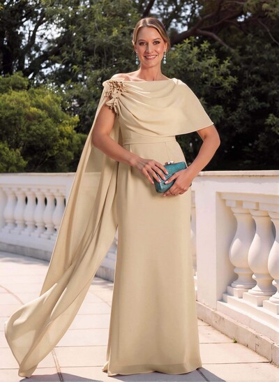 Elegant Flower(s) Scoop Neck Cape Sleeves Floor-Length Chiffon Mother Of The Bride Dresses